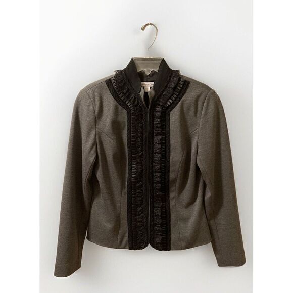 Coldwater Creek Gray Blazer Jacket Sz 8‎ Black Lace Ruffles Goth Dark Academia - Picture 1 of 10